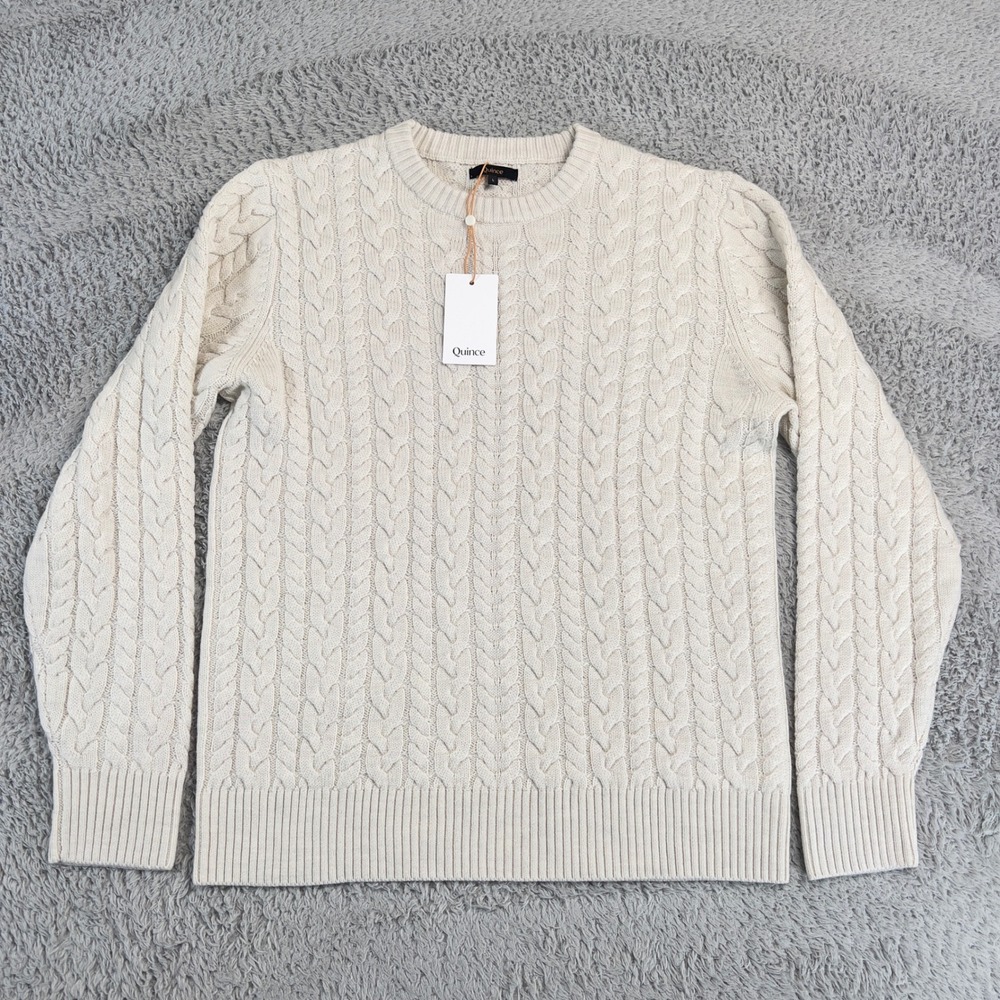 Quince Australian Merino Wool Cable Knit Crewneck Sweater Heather Bone Large NEW